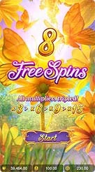 Butterfly Blossom · Deretan pengali x1 hingga x5 berada di atas panel kontrol dan berubah status sesuai kemenangan beruntun.